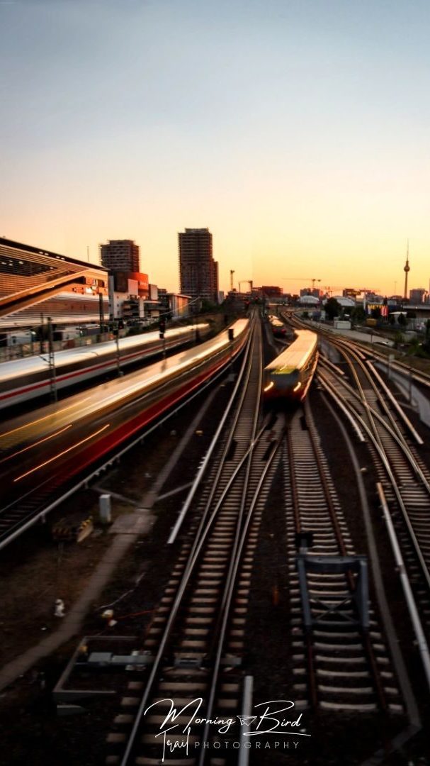 Berlin Sunset from Warschauer Straße with the S-bahn trains and the TV tower