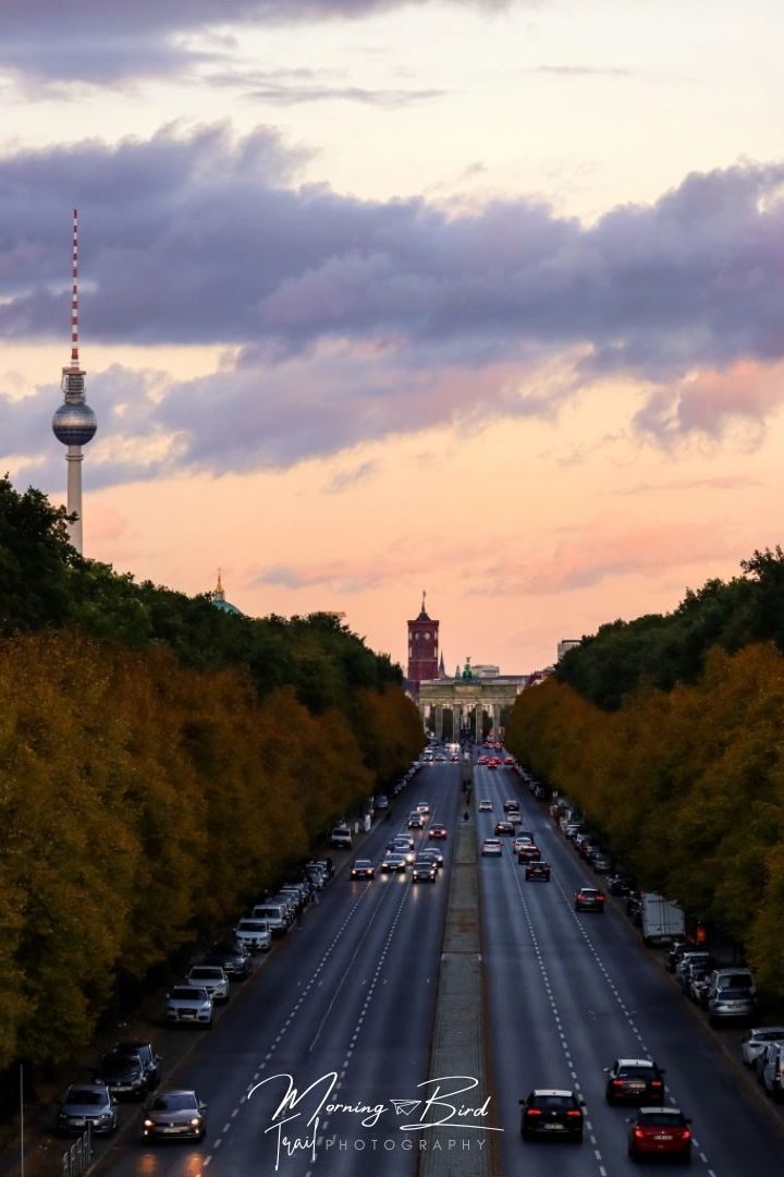 Berlin sunset from Victory Column looking at TV tower, Brandenburg Gate and Rotes Rathaus. 